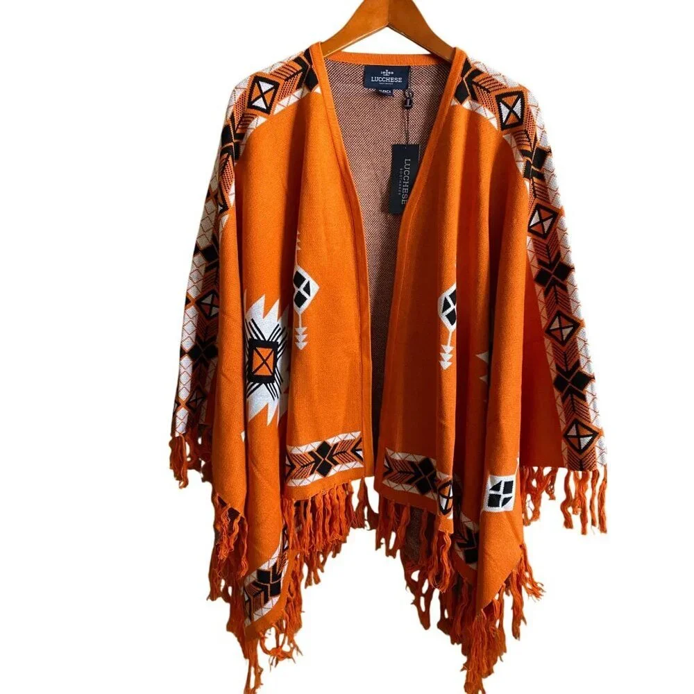 Lucchese Lightweight Alpaca Cape Peruvian Poncho Taos Collegiate Orange One Size